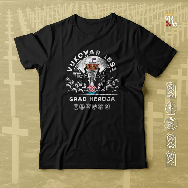 Pamučna majica Vukovar 1991 Grad Heroja s vukovarskim vodotornjem i braniteljima