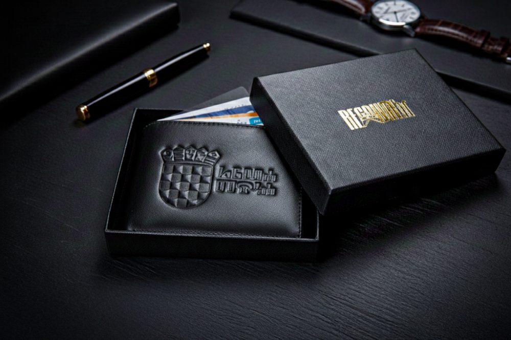 Kožni novčanik s otisnutim hrvatskim grbom i slovima glagoljice u ukrasnoj kutiji s efektnim zlatnim tiskom brenda Regnum - 100% prava koža