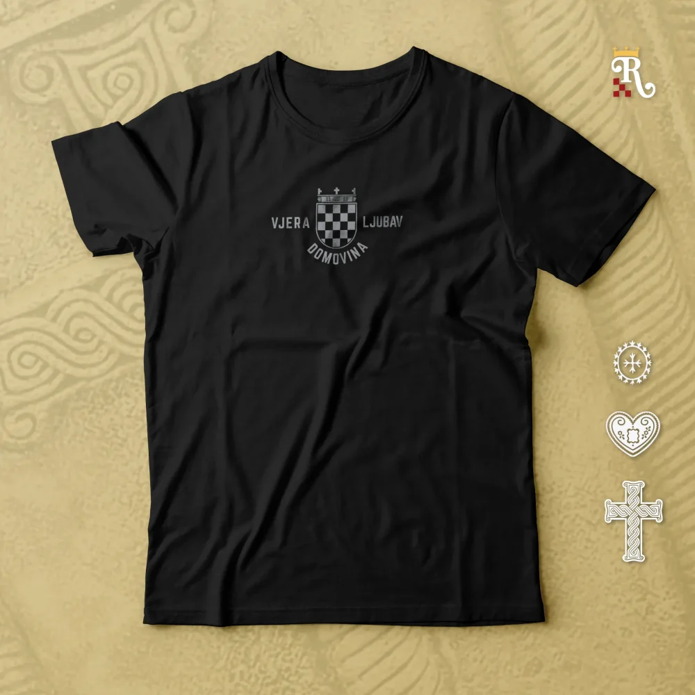 Domoljubna majica Vjera Ljubav Domovina s hrvatskim grbom i starohrvatskom krunom