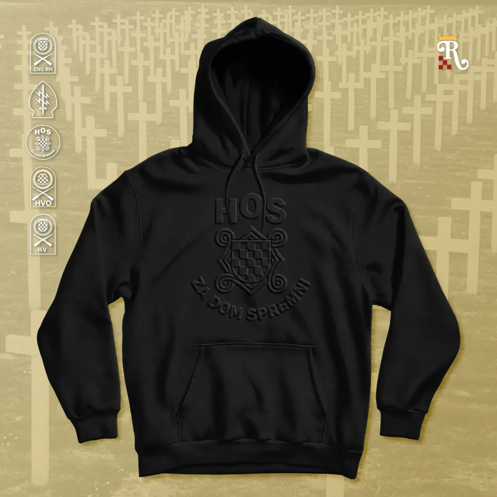 Crna domoljubna 3d HOS majica s kapuljačom (hoodie) s jedinstvenim 3D reljefnim motivom HOS-a