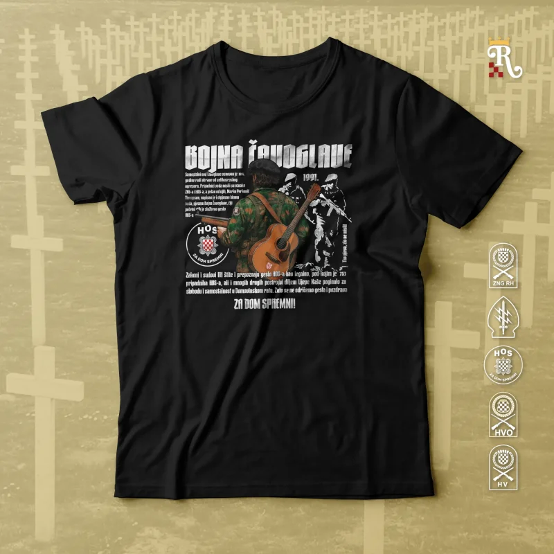 Domoljubna majica Čavoglave s motivom vojnika s gitarom i tekstom o žrtvi u Domovinskom ratu s oznakama HOS-a